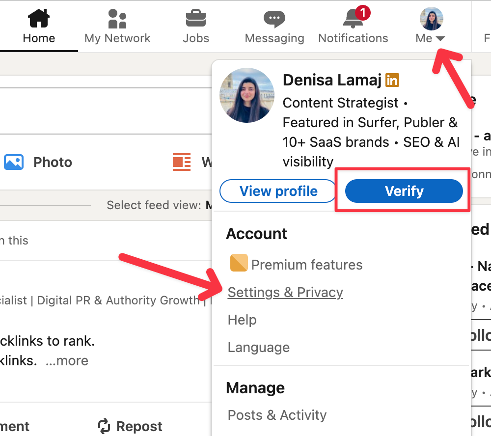 open profile menu on linkedin and click verify