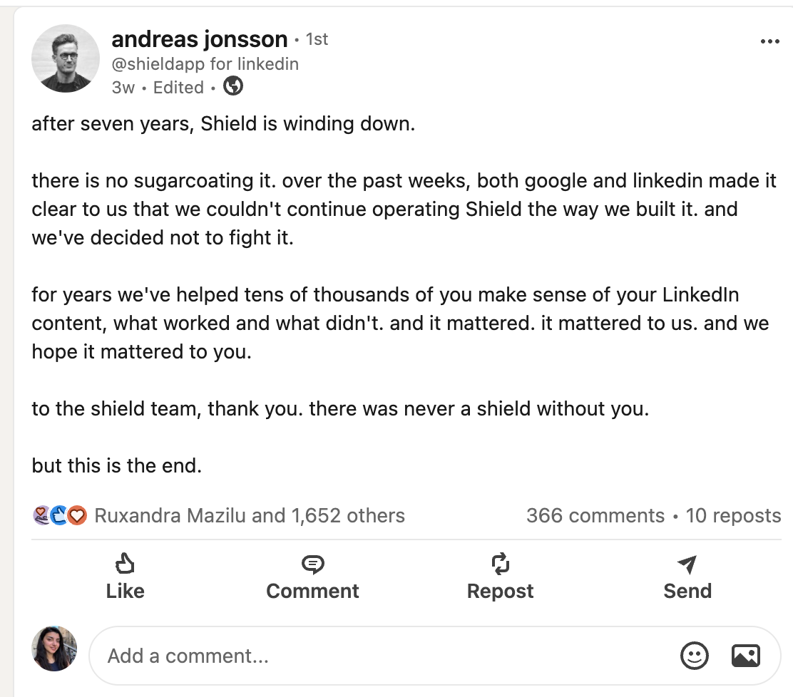 founder of shield analytics on linkedin