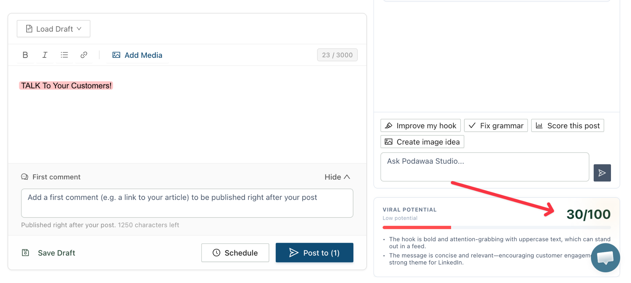 low viral score linkedin post