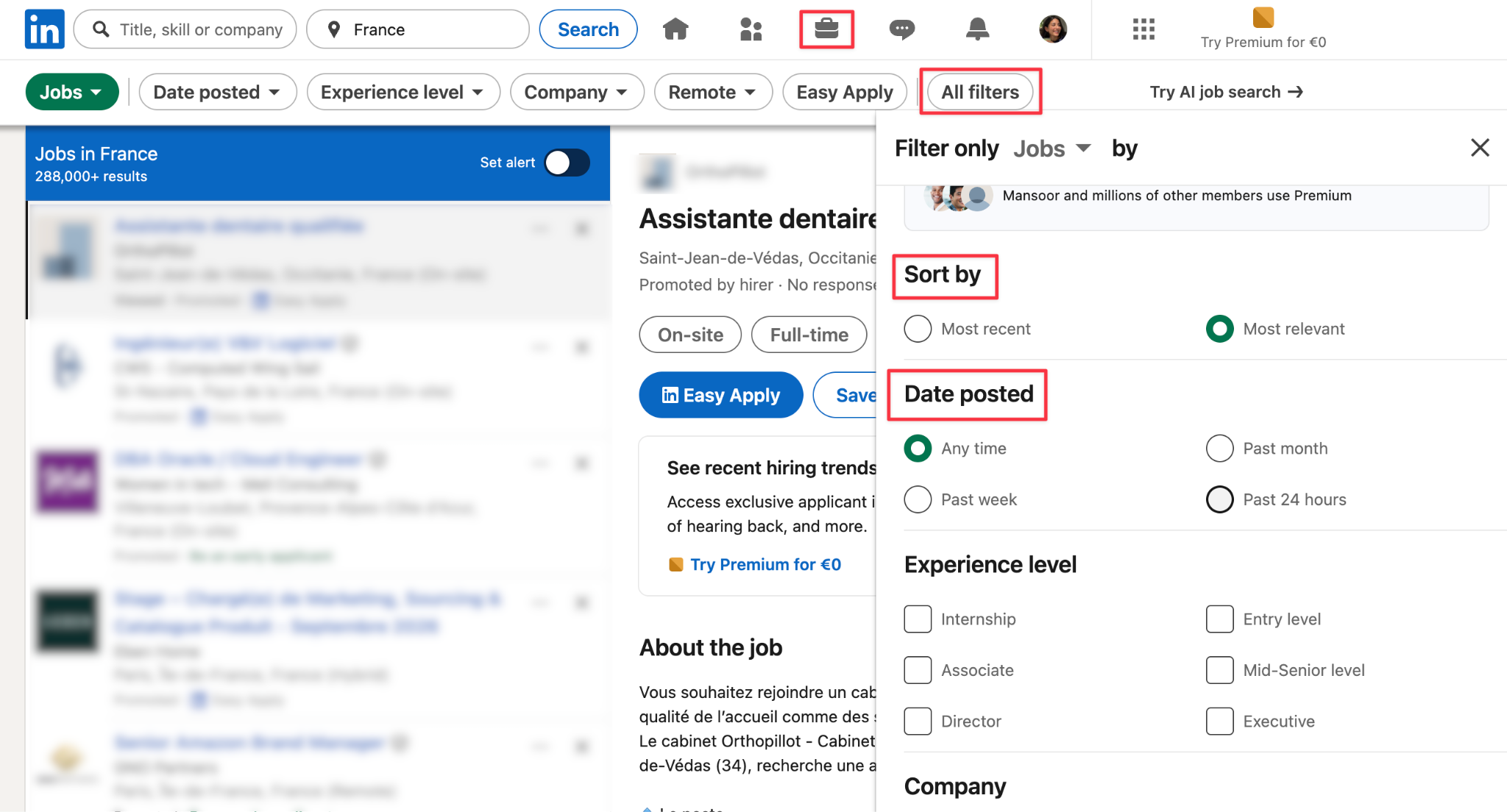 linekdin jobs filters