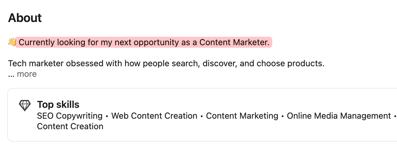about section on inkedin looking for a job