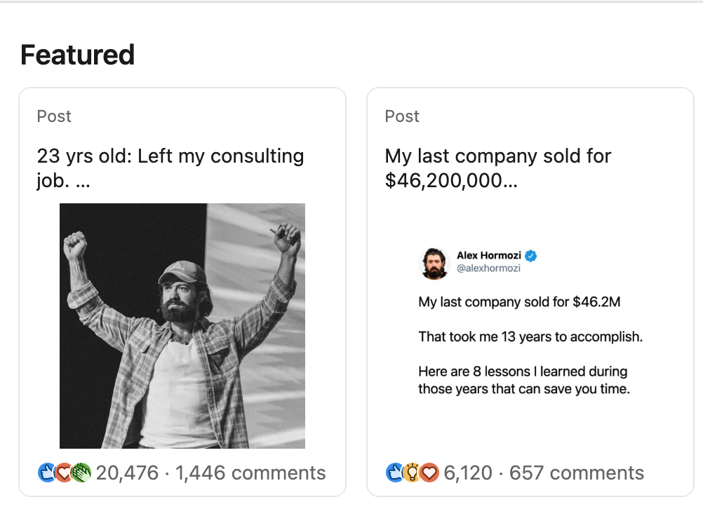 Featured section with two high-performing posts, one showing 20,476 reactions and 1,446 comments, the other 6,120 reactions and 657 comments