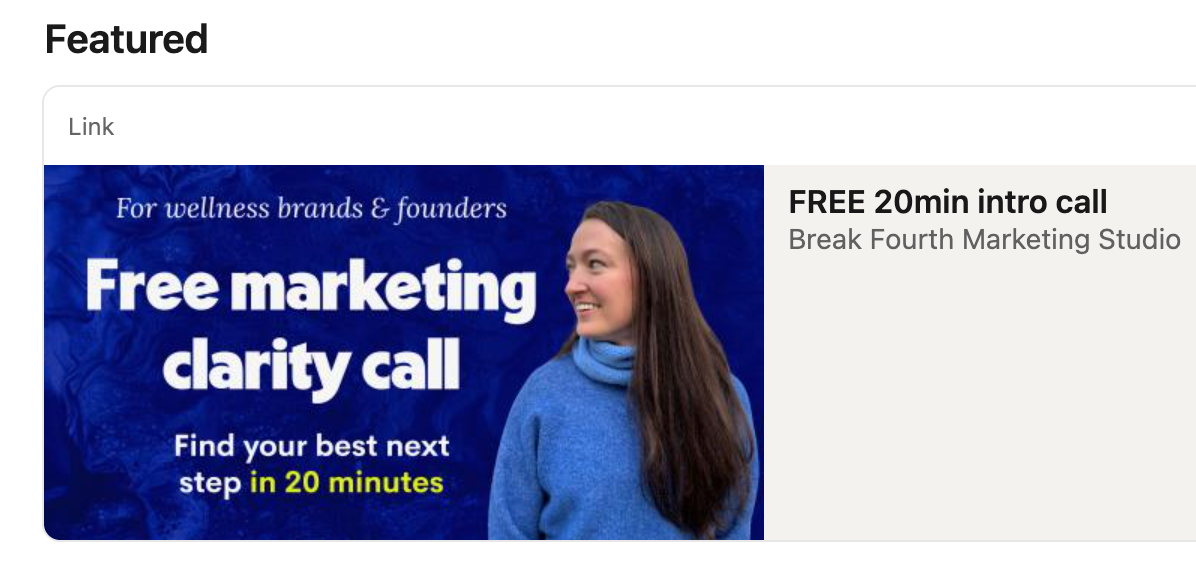 Featured link card, "FREE 20min intro call," Break Fourth Marketing Studio