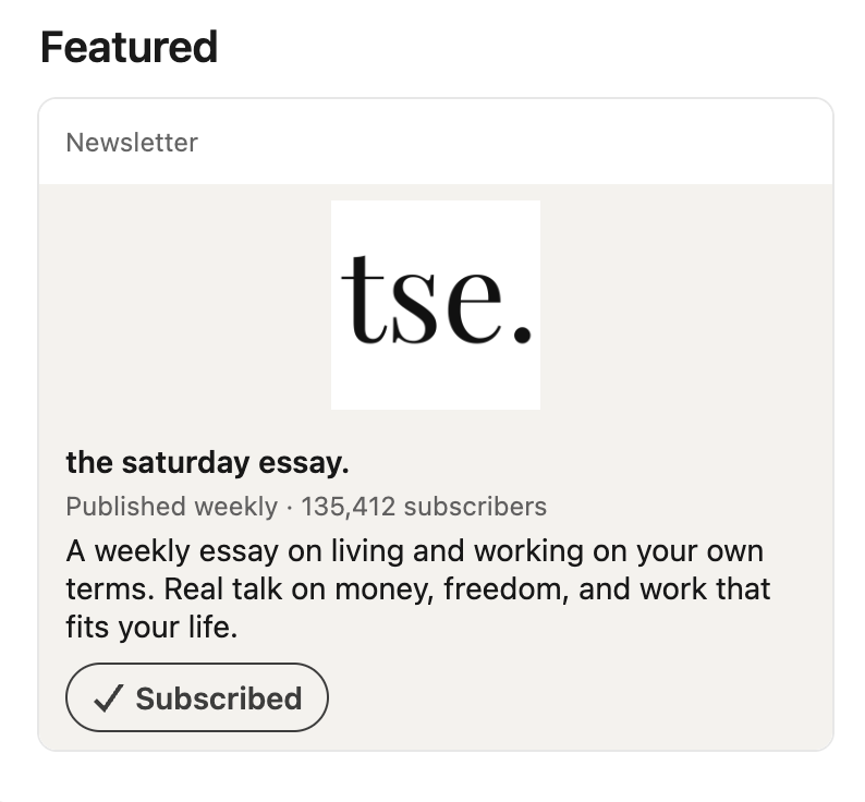 Featured newsletter card, "the saturday essay," published weekly, 135,412 subscribers