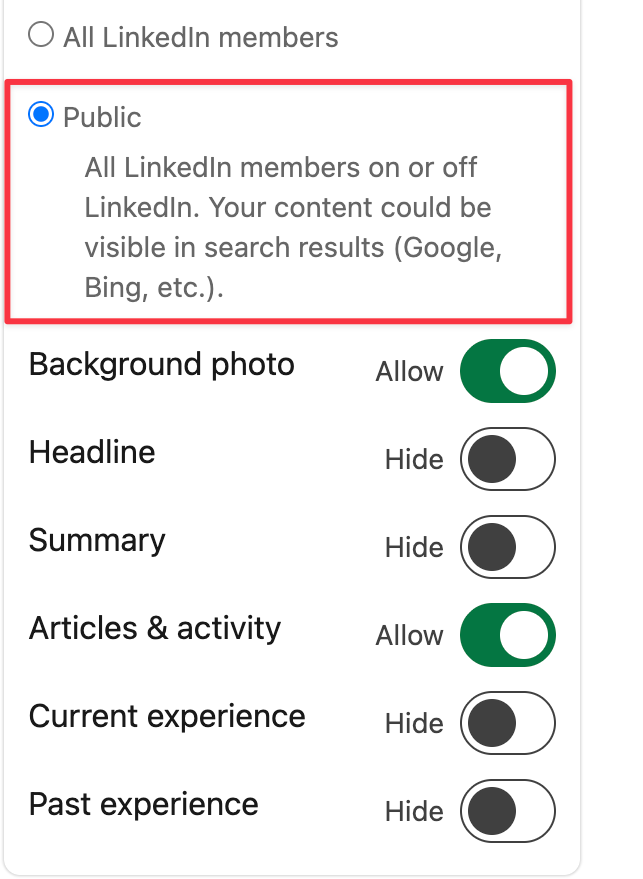 Public profile visibility settings, "Public" selected