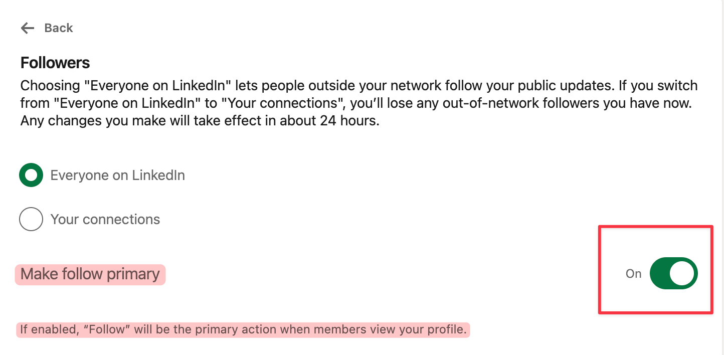 Set Follow as Your Primary Button on linkedin