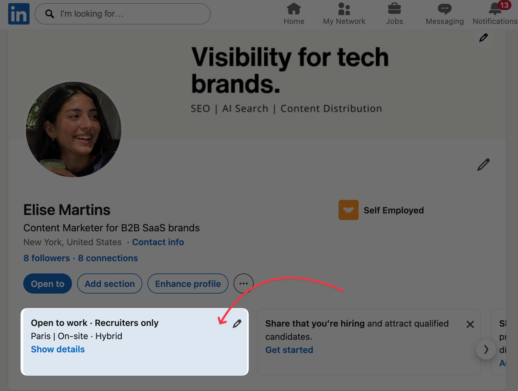 open to work setting linkedin