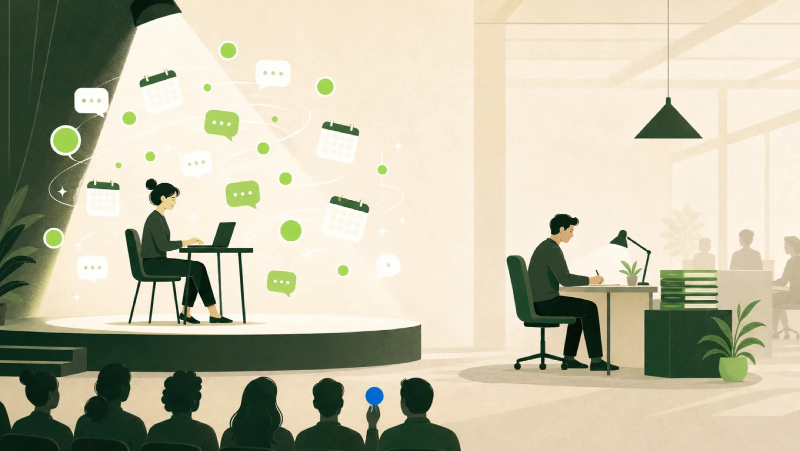 Worker on a spotlit stage surrounded by notification bubbles while a colleague works quietly at a desk