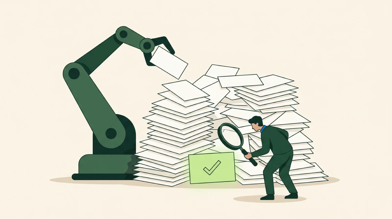 Robot arm producing a mountain of identical documents while a person with a magnifying glass finds the one verified result