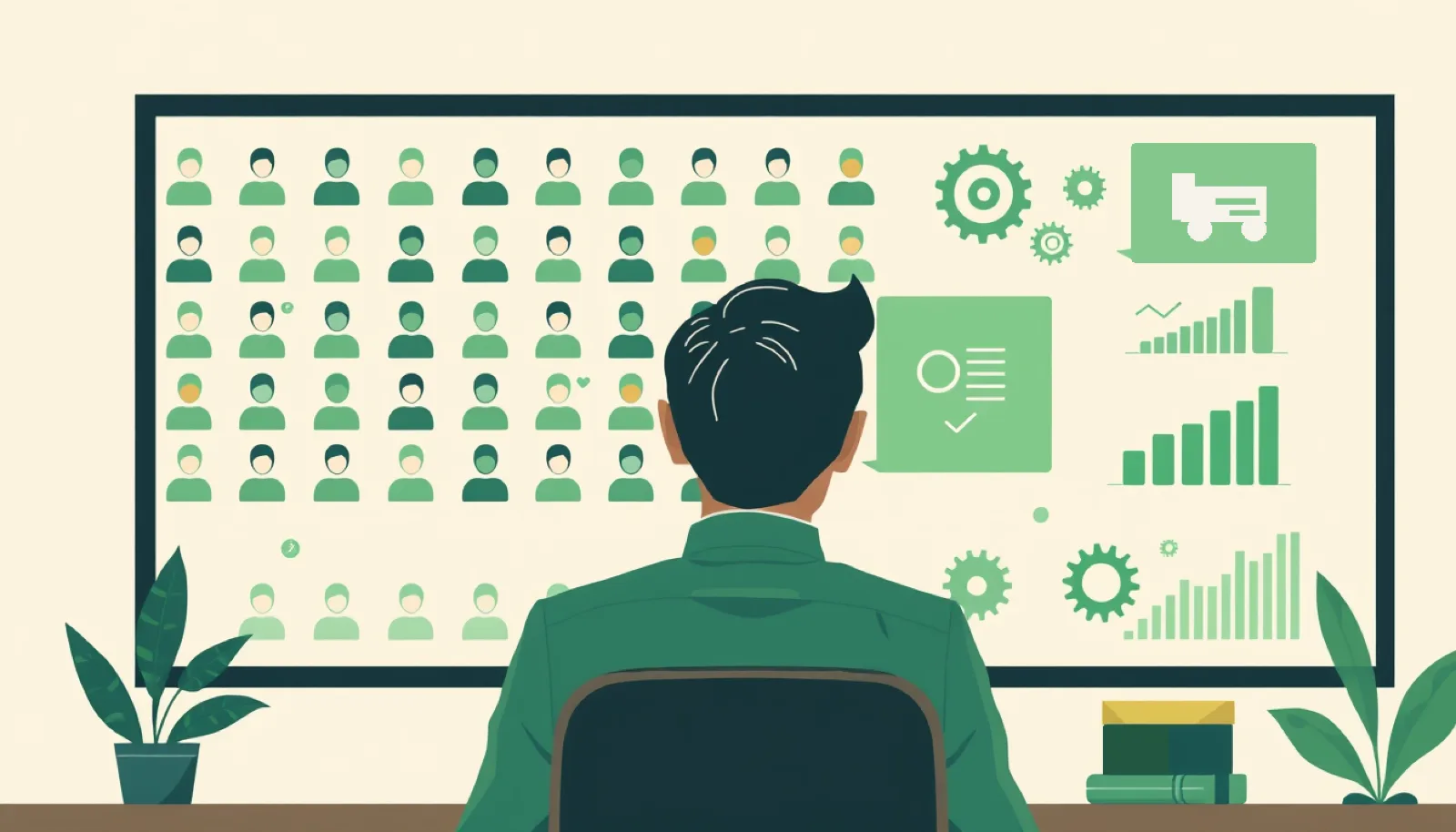 Manager watching a dashboard of online statuses while the real work happens out of view