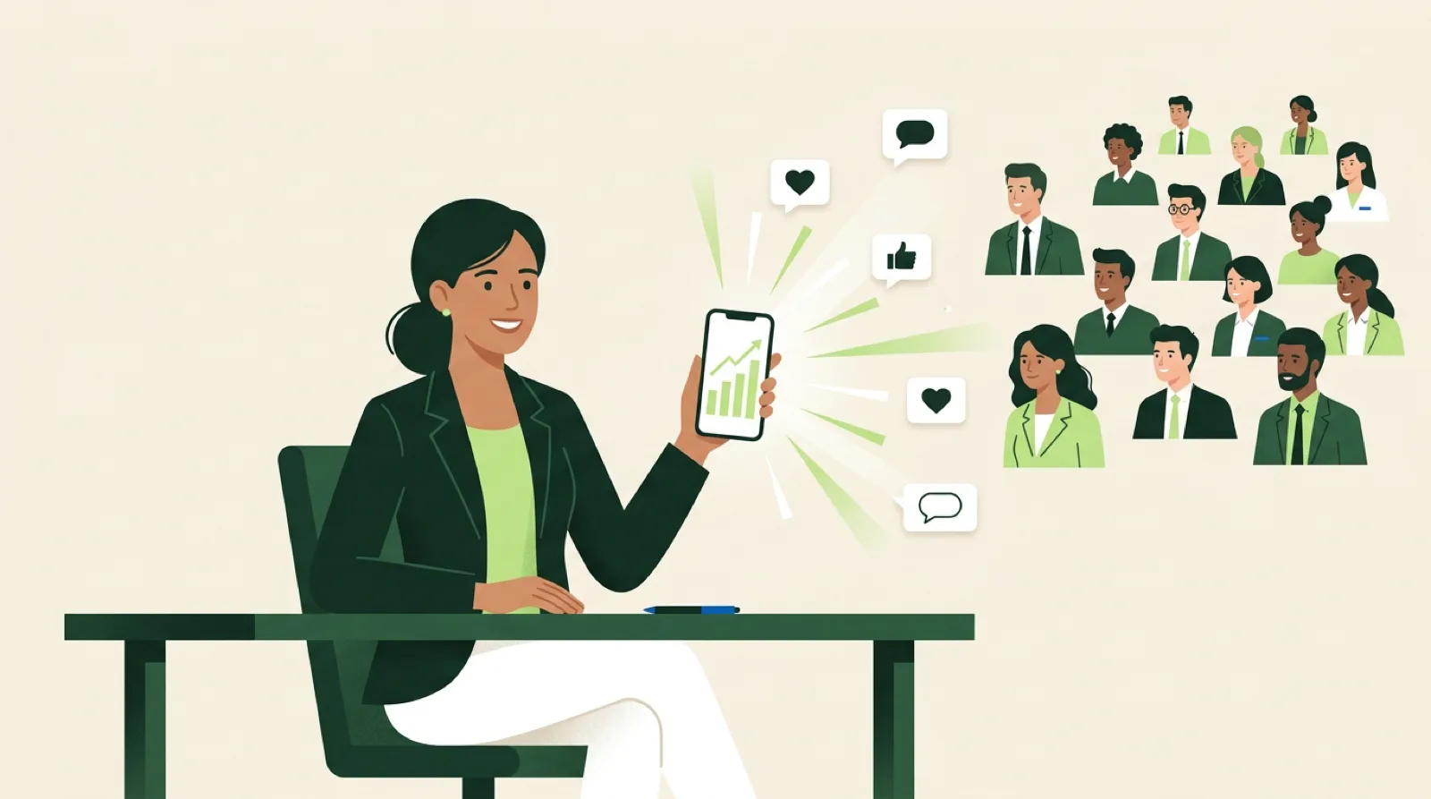 Professional sharing a result from a phone, with reactions flowing to a crowd of relevant professionals