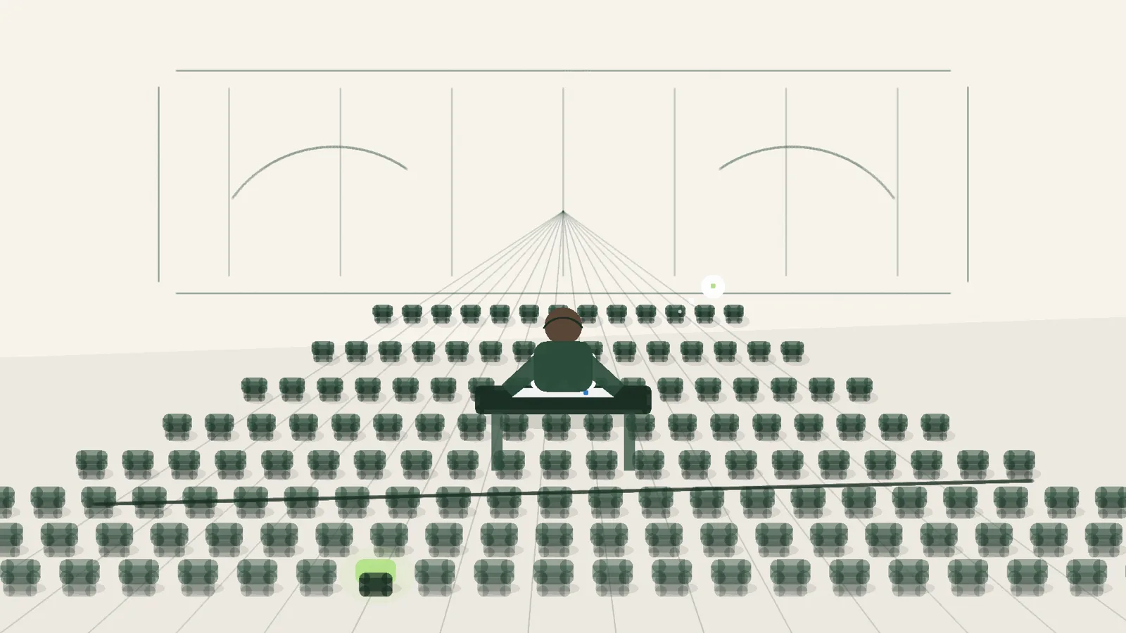 Person alone in an empty auditorium looking at a laptop showing a single like