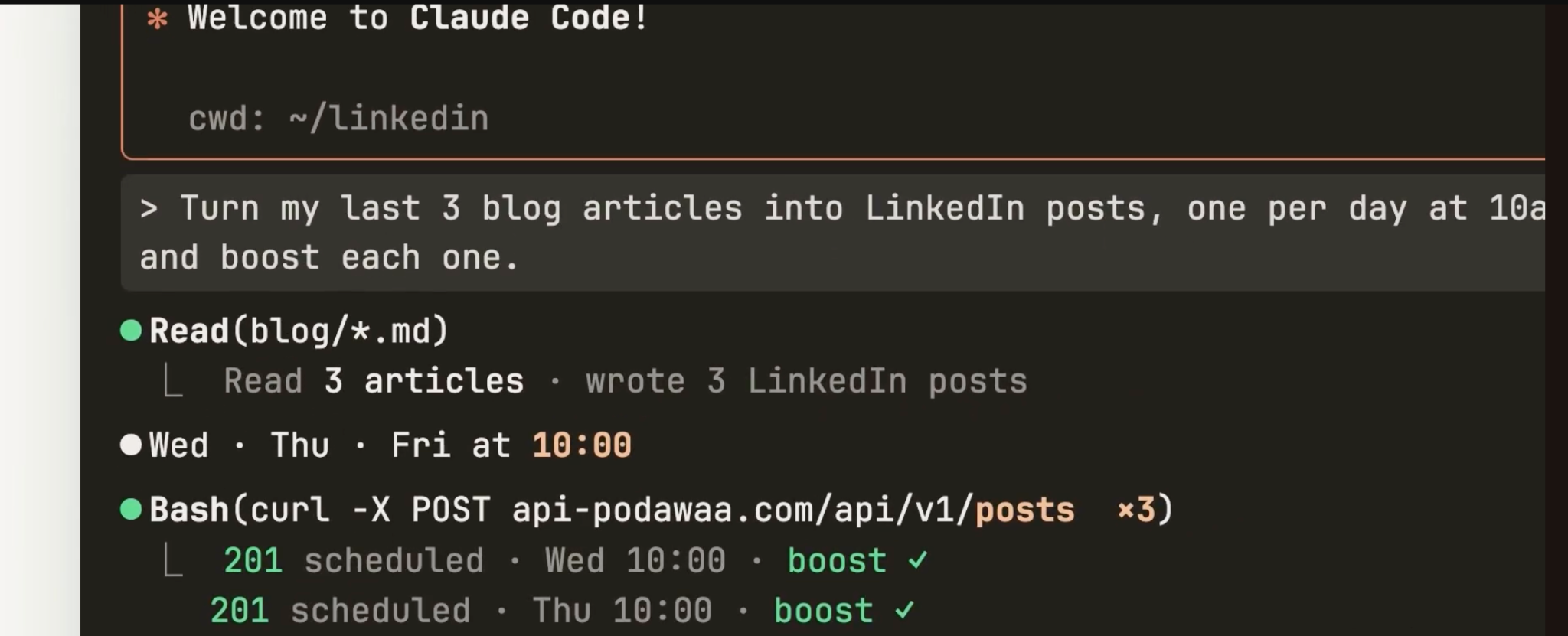 claude code example linkedin posts