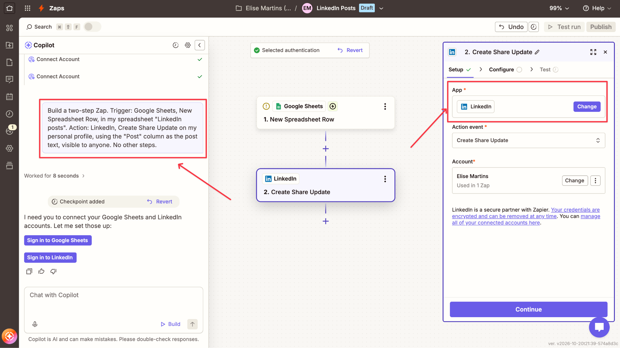 create Zap for linkedin integration and google sheet