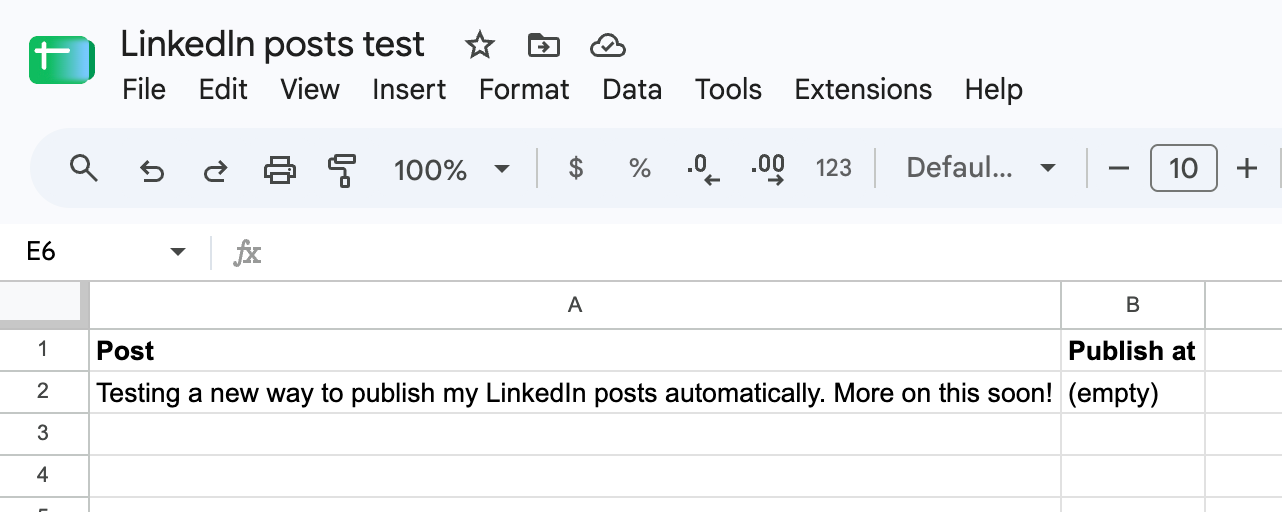 google sheet ad linkedin post test