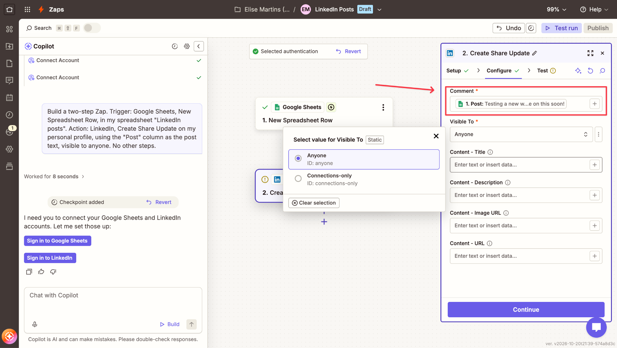 publish on linkedin through zapier