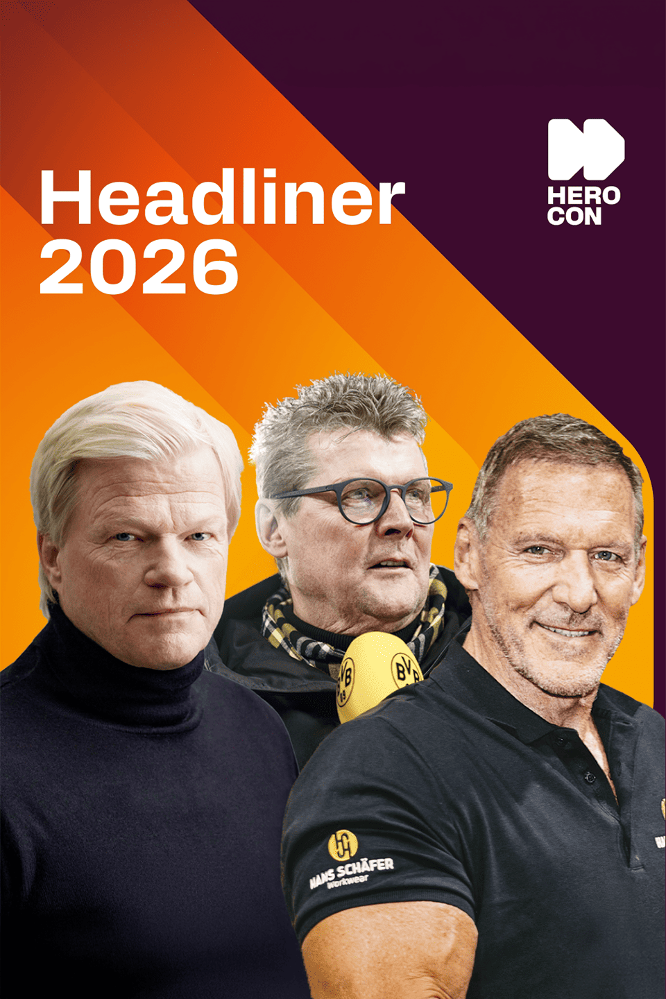 Drei Männer vor orange-violettem Hintergrund.