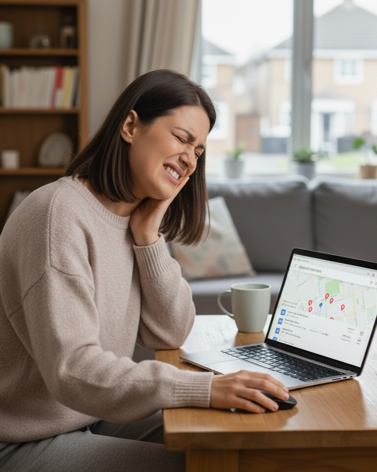 a person looking for a dentist online holding they jaw with pain