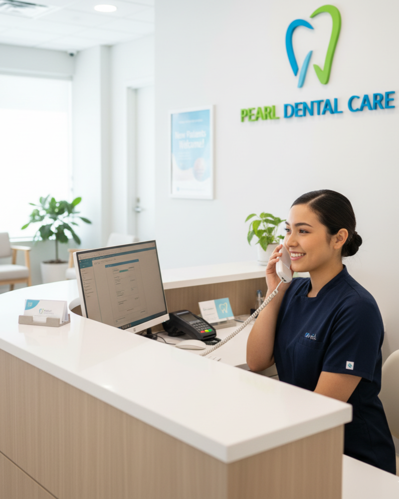 a dental receptionist getting a call form a patient