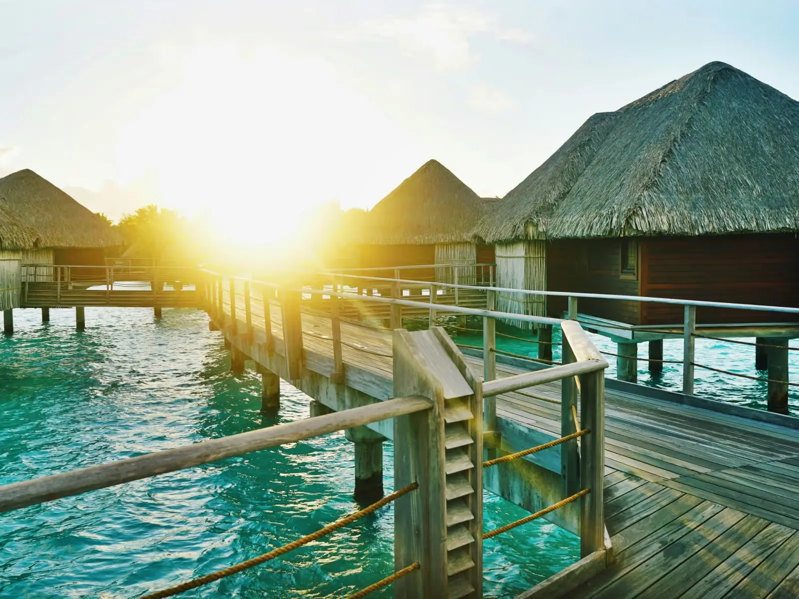 Overwater bungalows and blue lagoon, Bora Bora