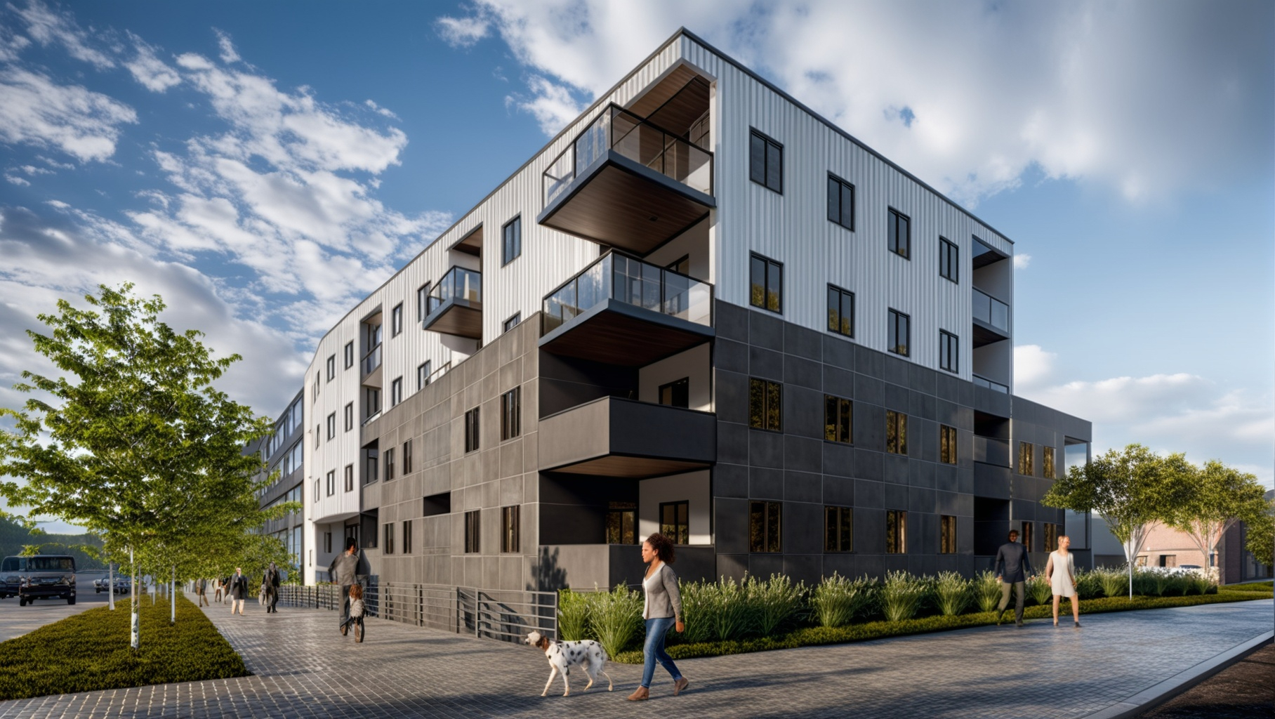 Modern multi-story apartment building with cantilevered balconies and landscaped walkway