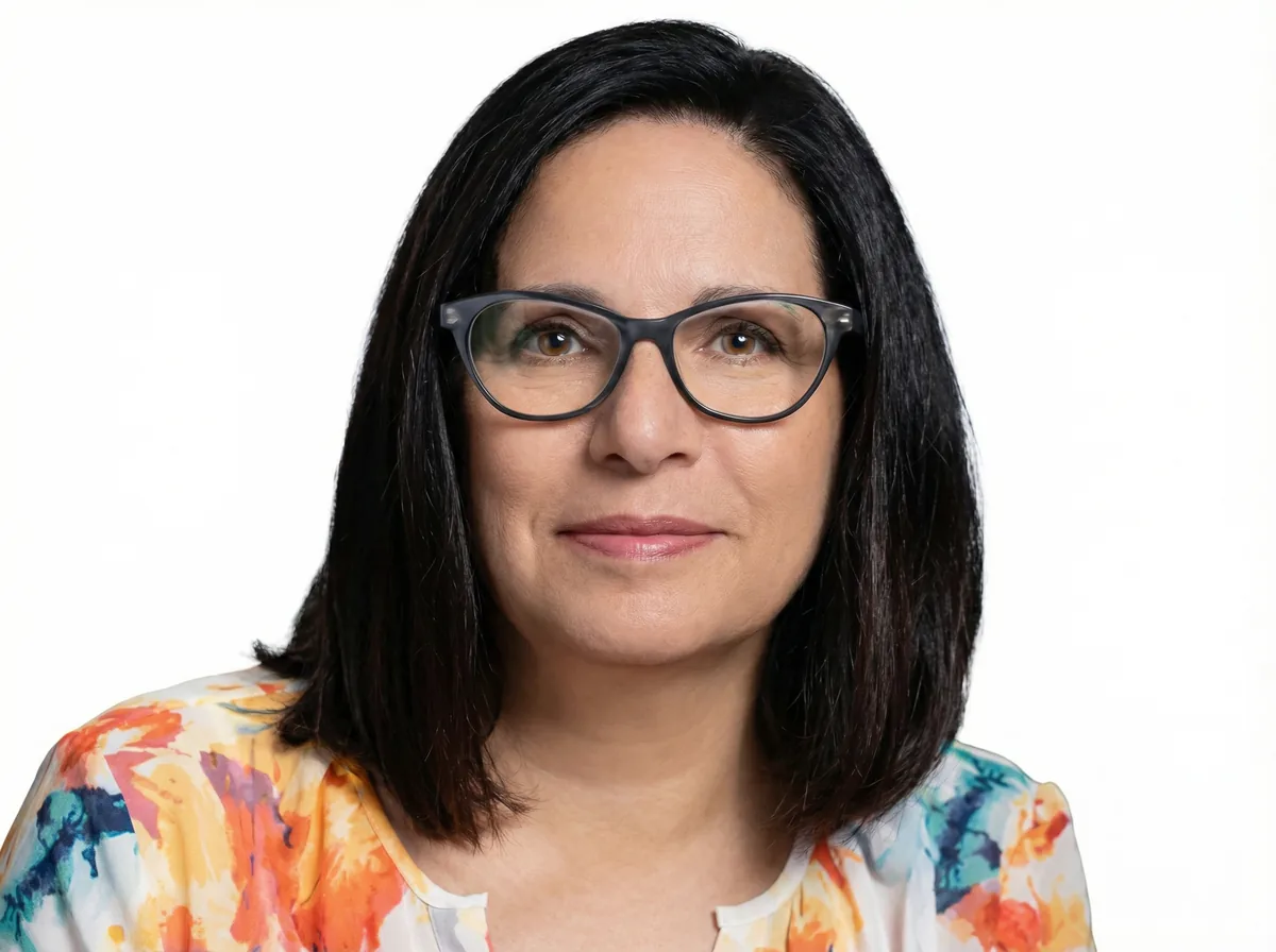 Professional woman with glasses. Design Works Engineering portrait on white background.