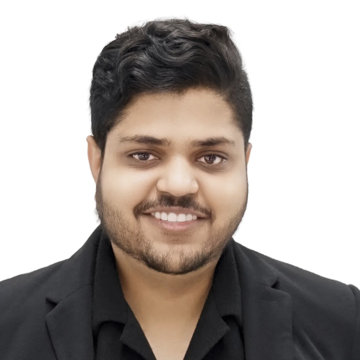 Professional headshot of man in black shirt. Design, Works, Engineering expertise portrait.