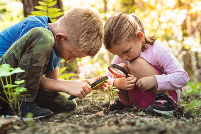 Children looking at plant through magnifying glass