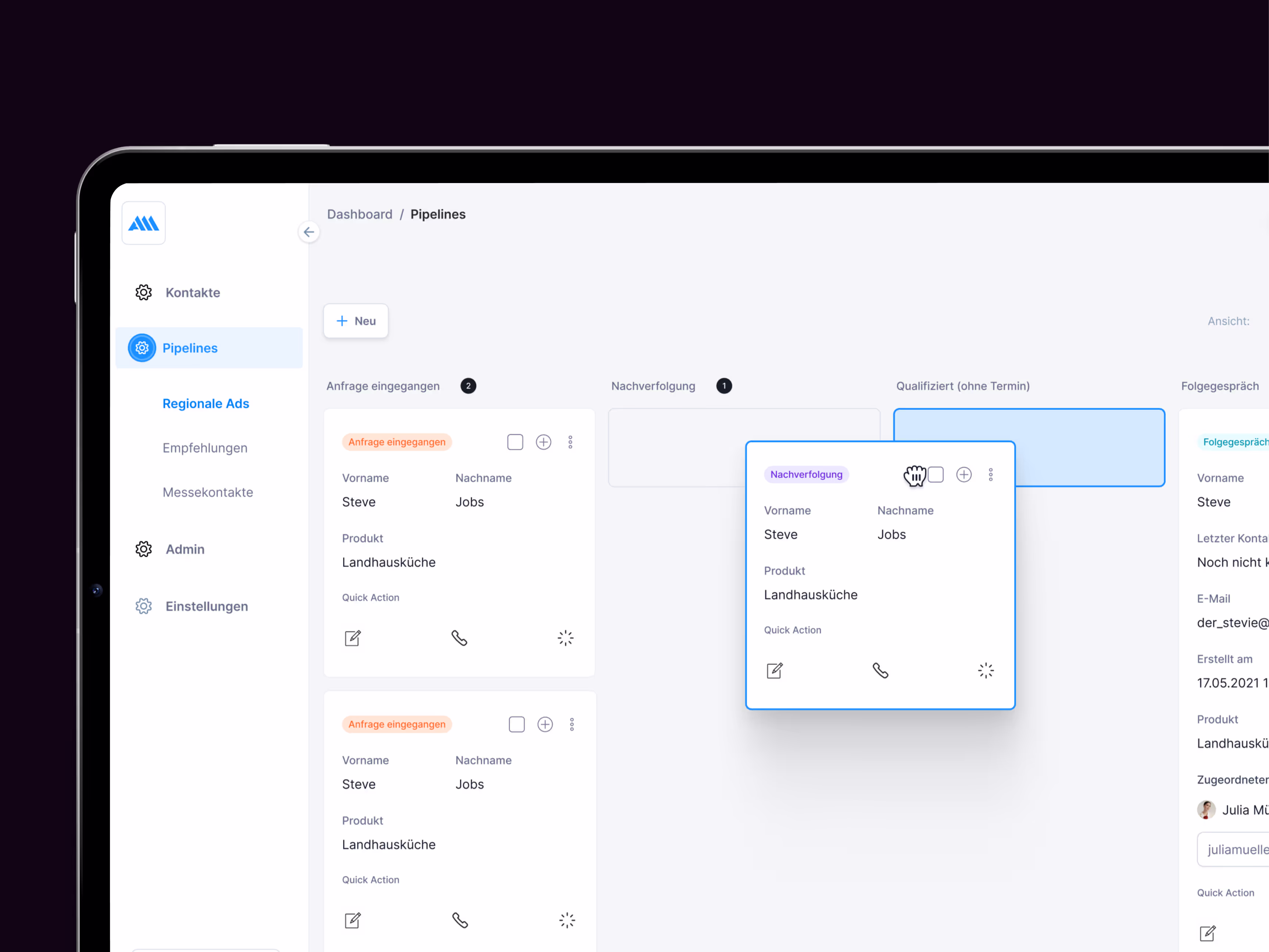  Benutzeroberfläche der Umsatz.io-Anwendung mit geöffnetem Menü