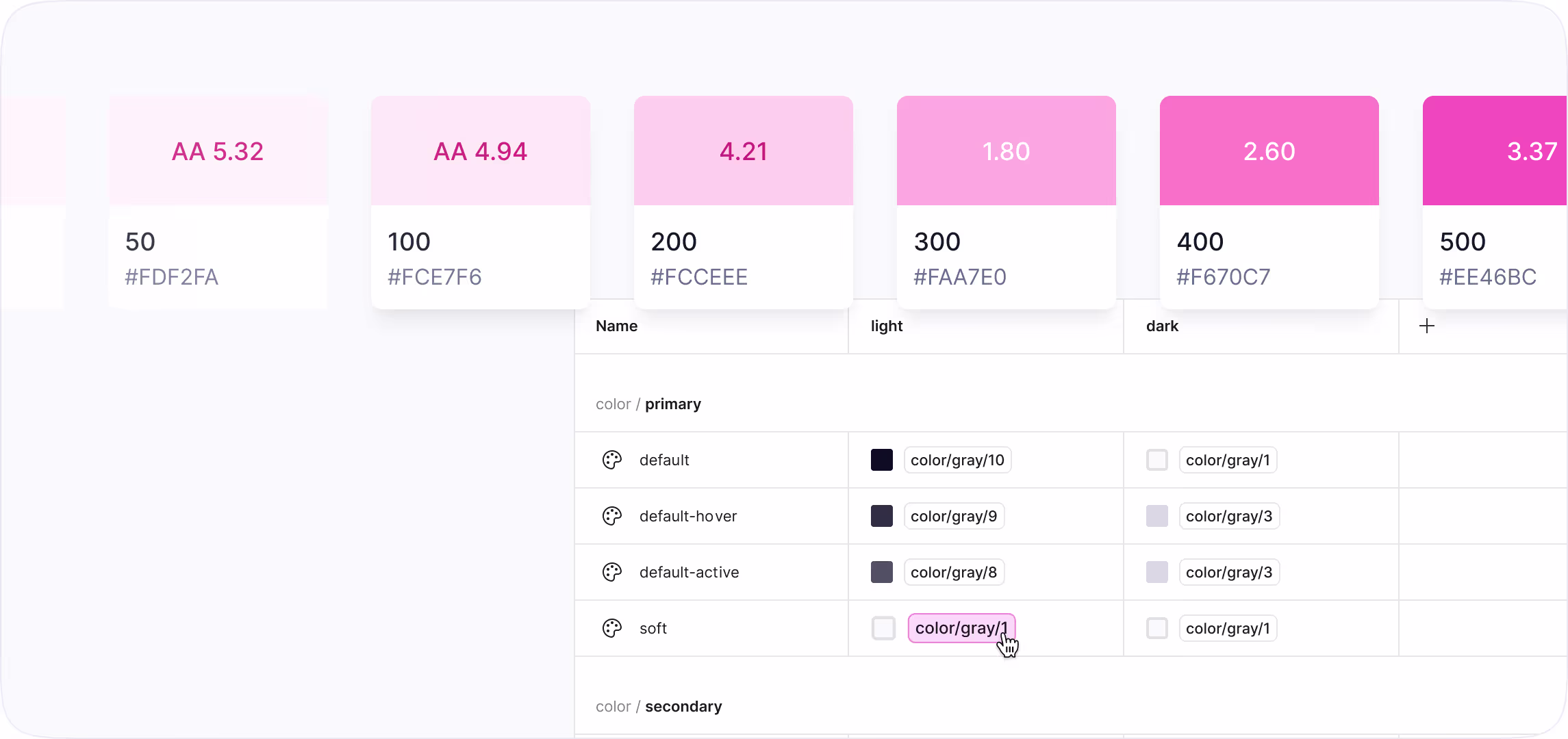 Designsystem-Ansicht eines Farbsystems mit Farbvarianten wie „Light 10“, „Light 20“ und „Light 30“.