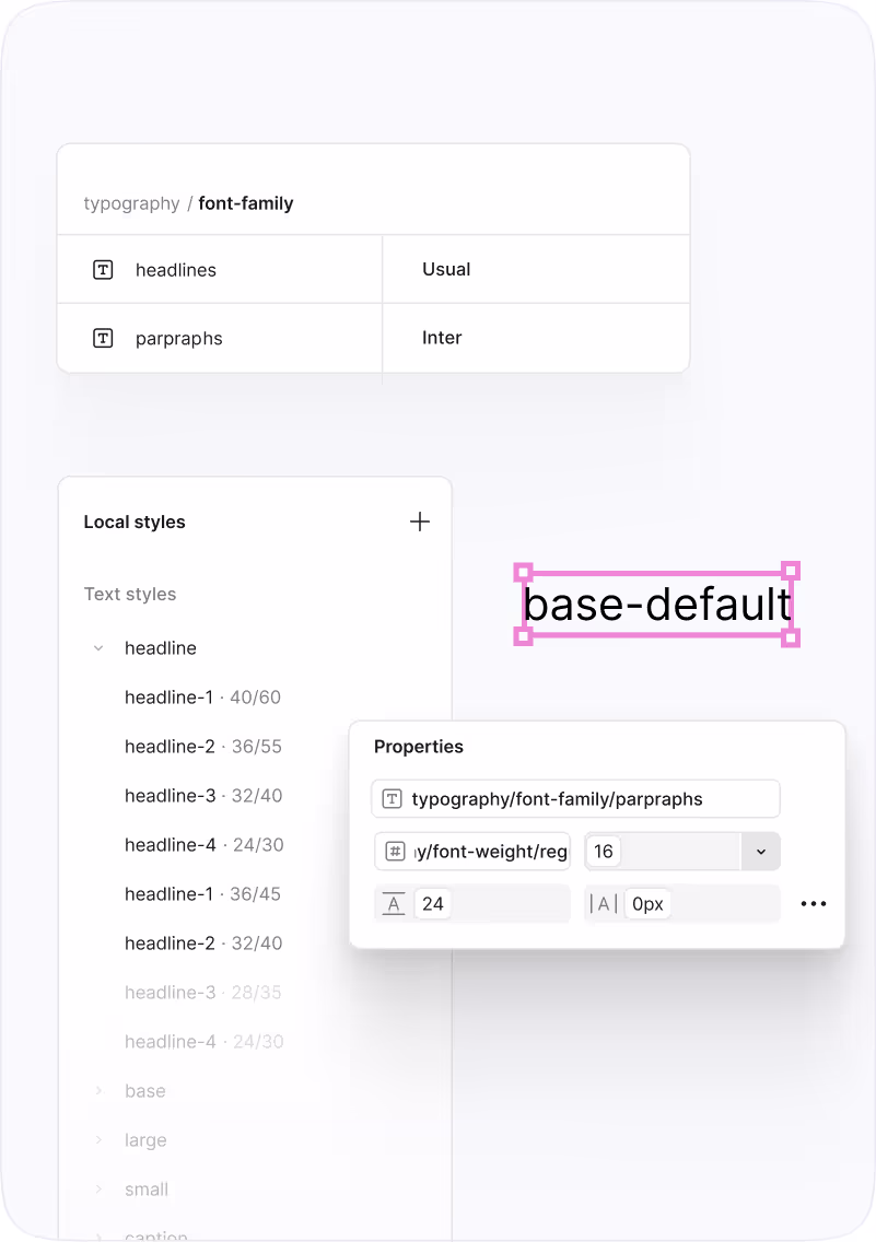 Designsystem-Ansicht mit markiertem Textstil „base-default“ und geöffnetem Style-Dropdown.