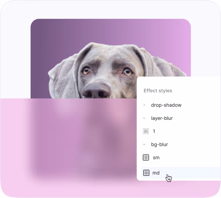 Hundeporträt mit Interface-Overlay zur Ebenenauswahl in einem Design-Tool. Optionen wie “Layer Style” und “Base Button” sichtbar.