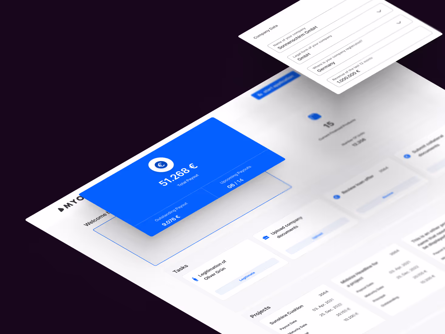 Isometrische Darstellung eines digitalen Dashboards mit Navigation, Tabellenkomponenten und Popover-Element. UI-Design für Webapplikationen.