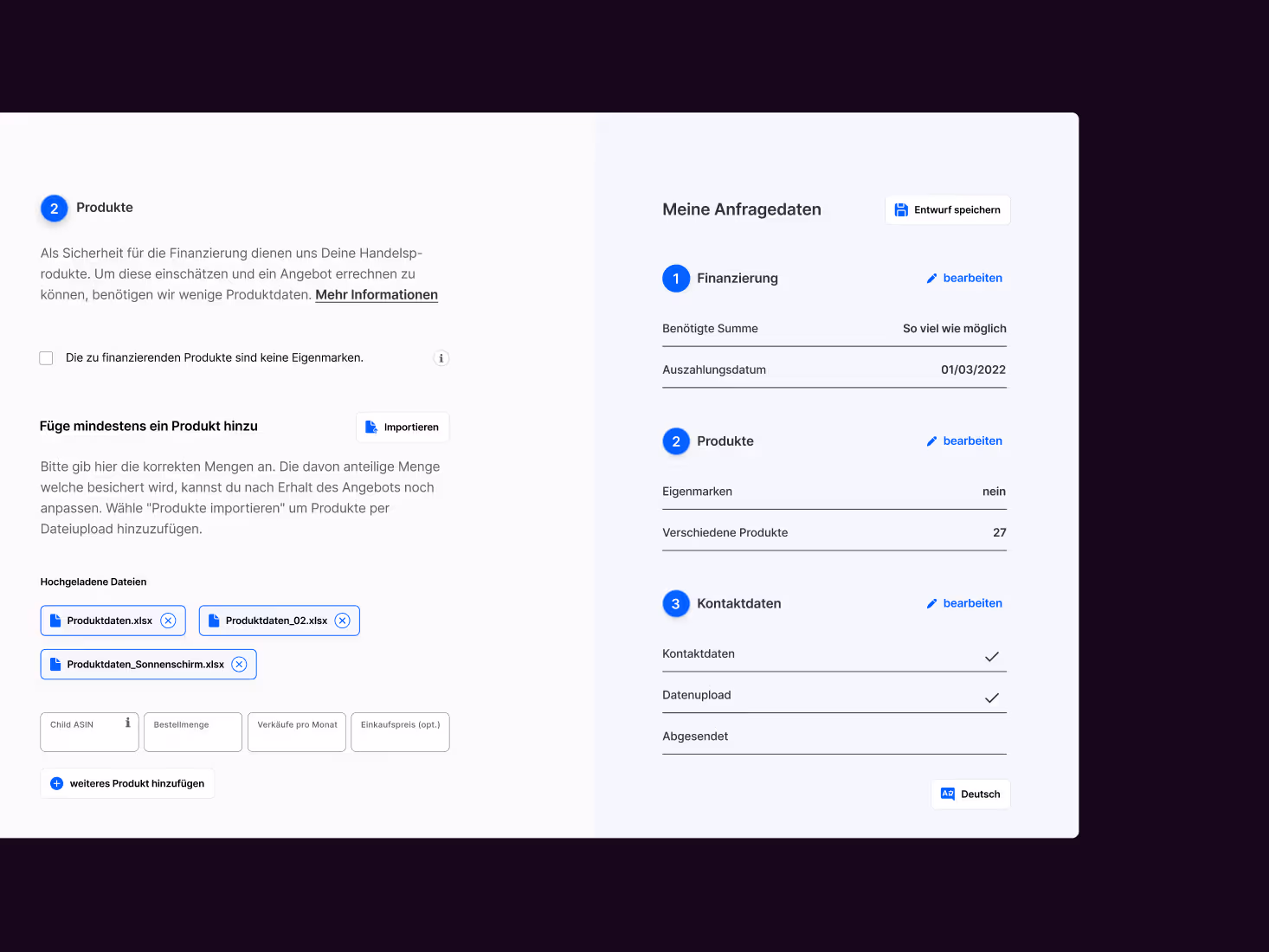 UI-Screenshot eines digitalen Formulars mit verschiedenen Eingabefeldern, Dropdowns und Auswahloptionen. Modernes, strukturiertes Interface-Design.
