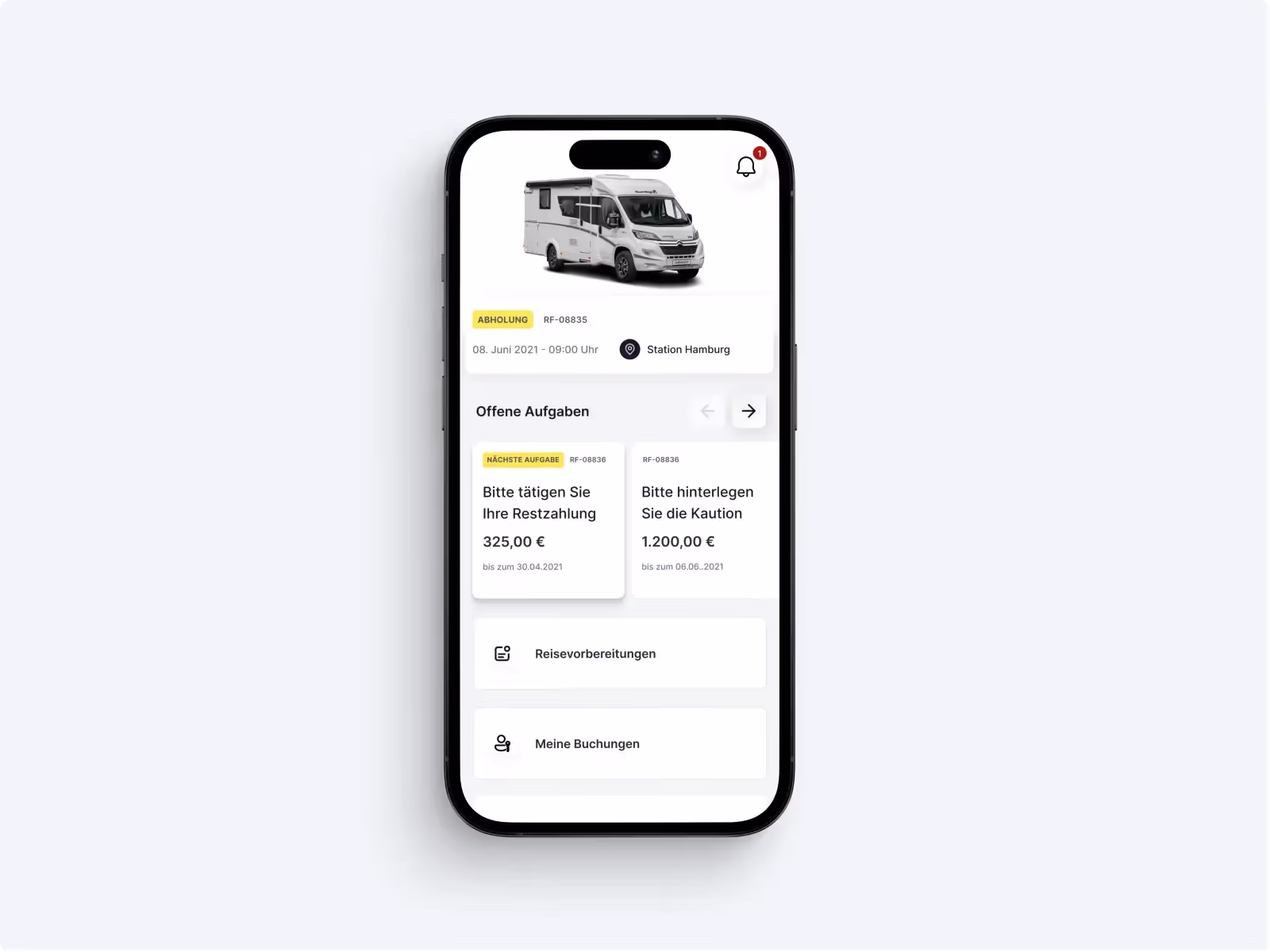  Smartphone mit geöffneter App zeigt Details zu einer Kfz-Versicherung mit Fahrzeugabbildung.
