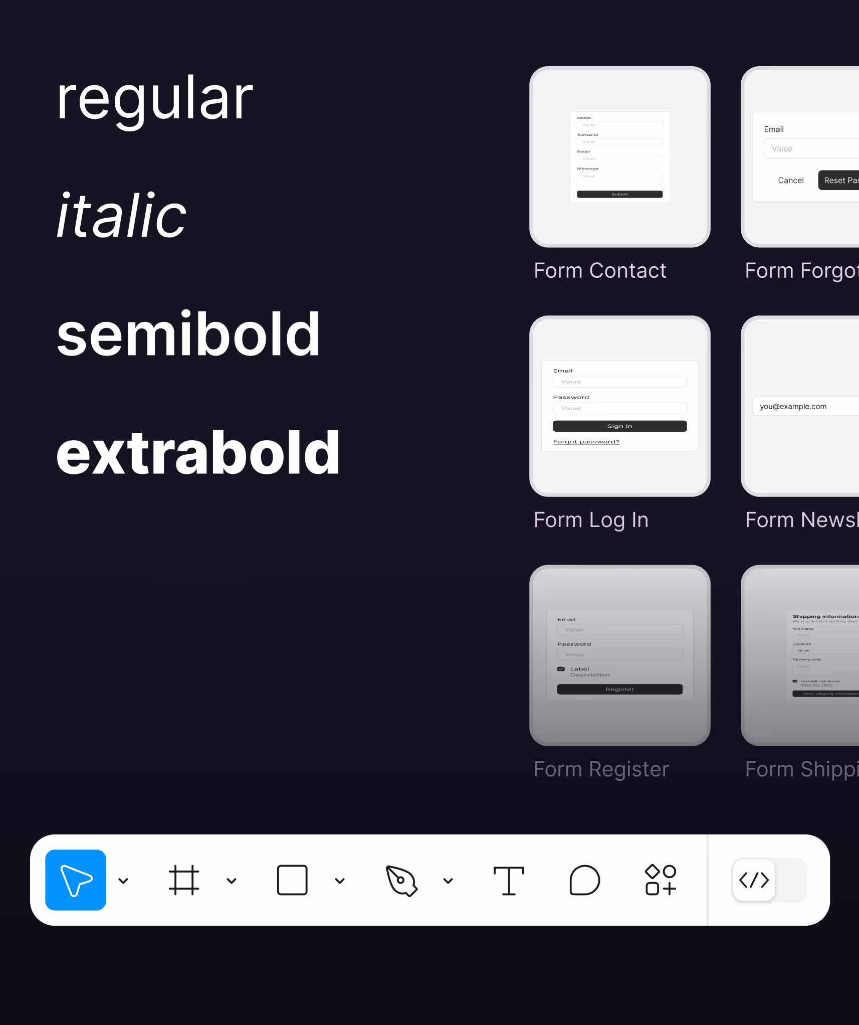 Darstellung verschiedener Schriftschnittstile – regular, italic, semibold und extrabold – auf dunklem Hintergrund. Rechts daneben befinden sich Vorschaugrafiken von Formular-Designs, darunter Kontakt-, Login-, Newsletter- und Registrierungsformulare. Unten eine Design-Toolbar mit typischen UI-Bearbeitungswerkzeugen. Symbolbild für UI/UX-Designsysteme, Typografie-Definition und Formular-Gestaltung.