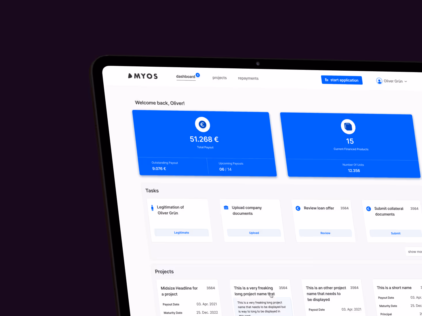 Tablet-Ansicht eines Web-Dashboards mit drei hervorgehobenen Karten für Aufgabenbereiche