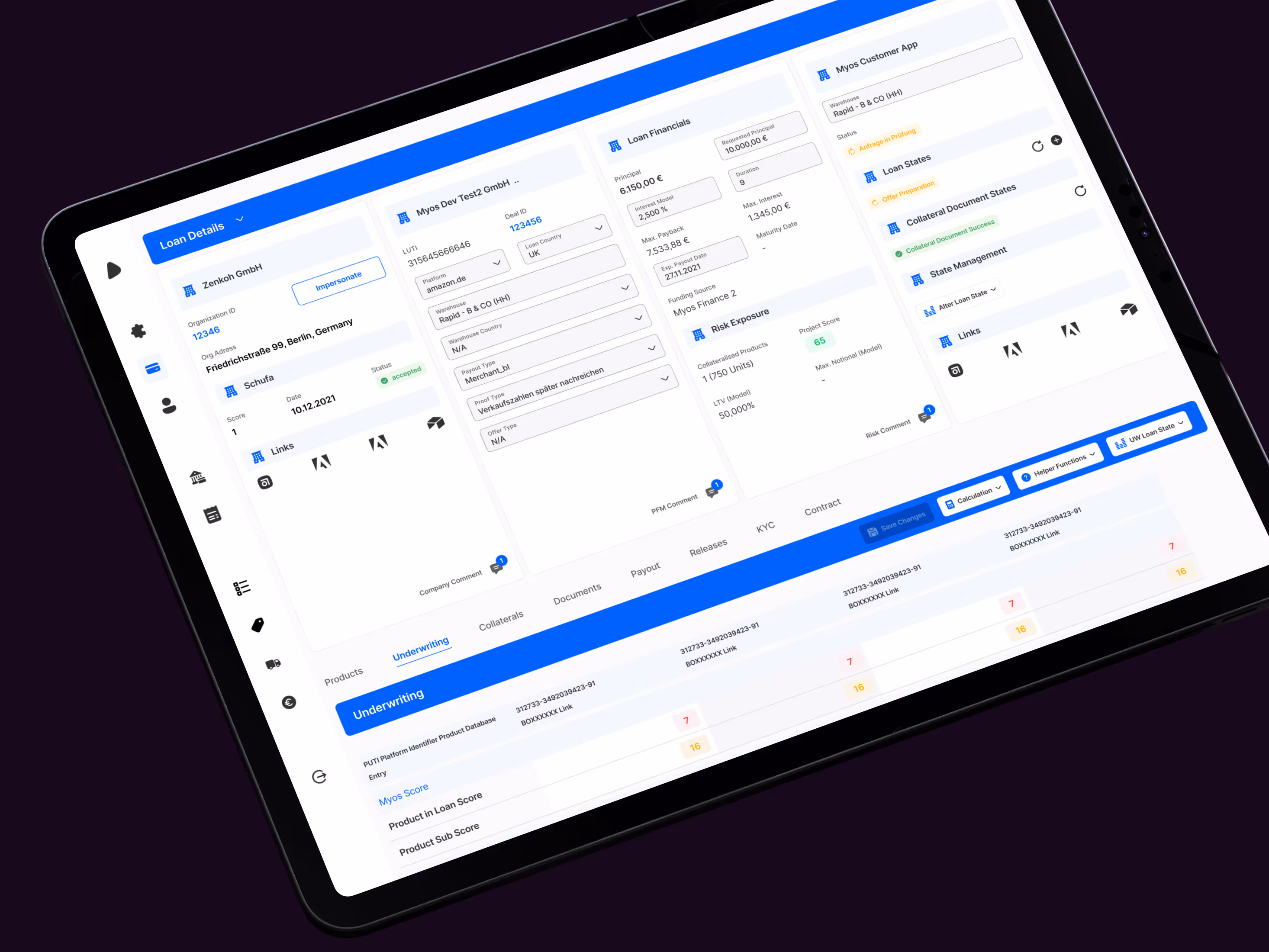 Tablet-Ansicht eines modernen Dashboards mit Tabellen, Sidebar und Top-Navigation