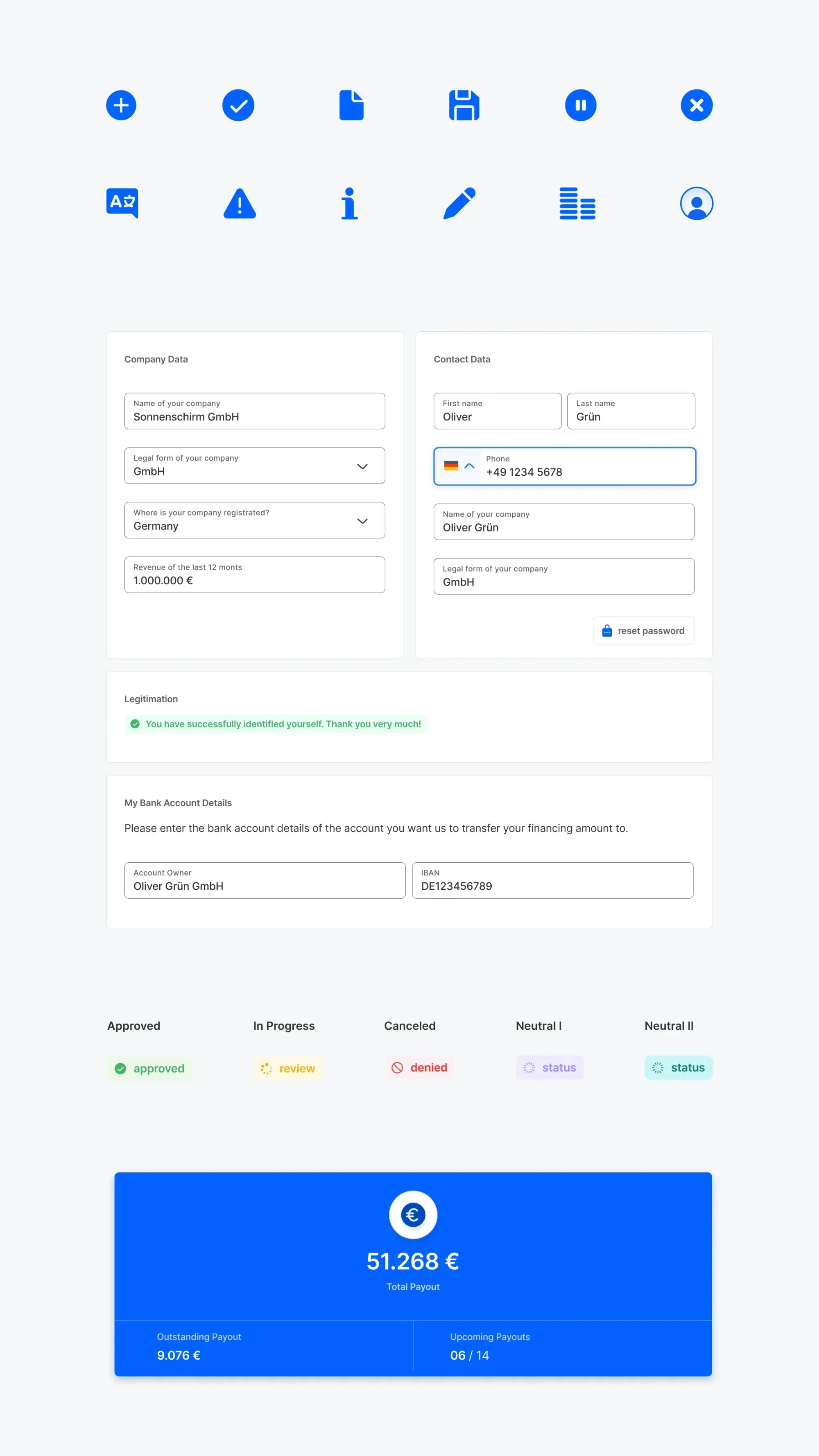 Formular zur Benutzerverwaltung mit Icons, Eingabefeldern und blauem Call-to-Action-Button