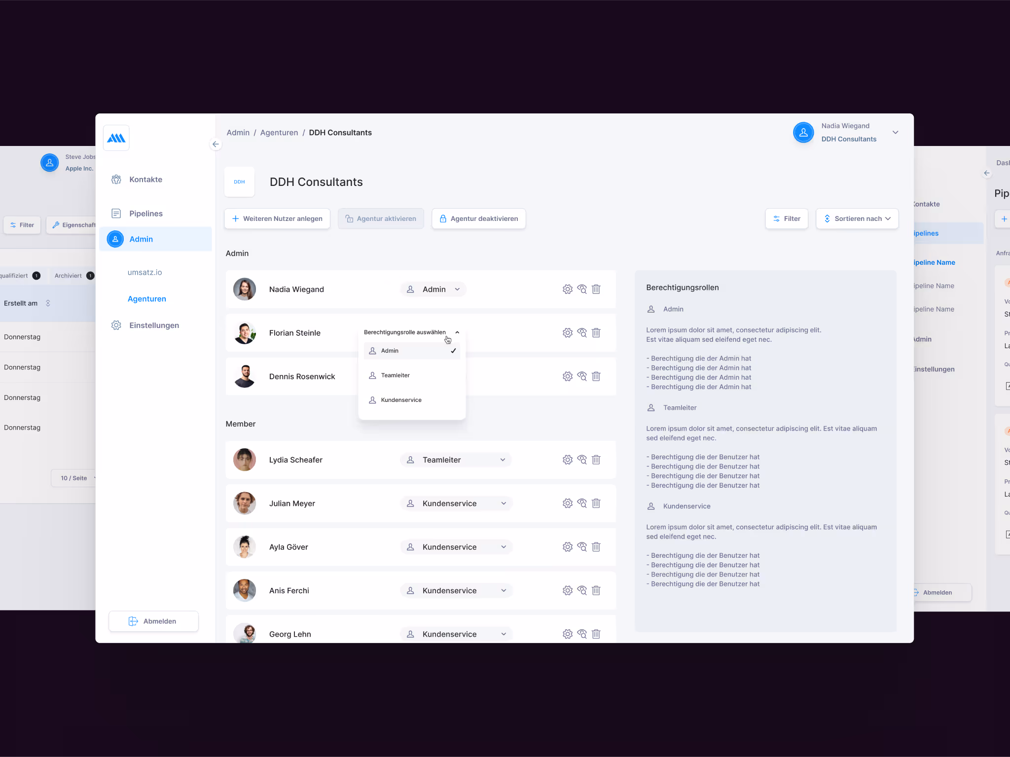 Benutzeroberfläche eines webbasierten Team- oder Rollenmanagement-Tools. Zu sehen ist eine Mitgliederliste mit zugewiesenen Rollen wie Admin, Berater oder Redakteur, inklusive Dropdown zur Rollenänderung. Rechts befindet sich eine Beschreibung der Berechtigungen. Die UI ist hell, übersichtlich und funktional gestaltet. Symbolbild für Berechtigungsverwaltung in digitalen Arbeitsumgebungen.
