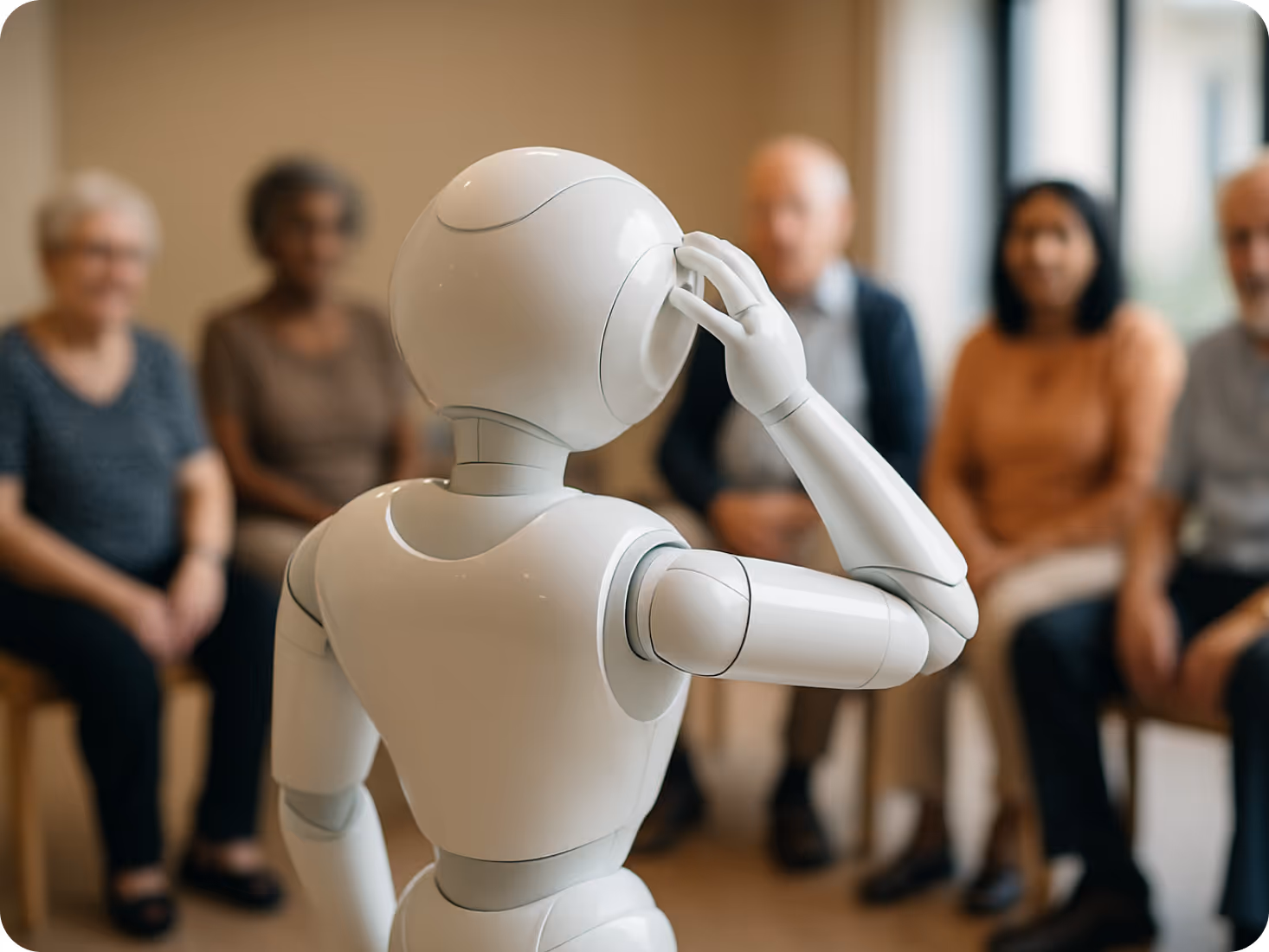 Ein humanoider Roboter steht mit fragender Geste vor einer Gruppe älterer Menschen in einem Gemeinschaftsraum. Der Roboter scheint nachzudenken oder zu zögern, während die Senior:innen ihn erwartungsvoll anschauen. Symbolbild für Herausforderungen und Grenzen im Einsatz von Robotik in der Altenpflege.