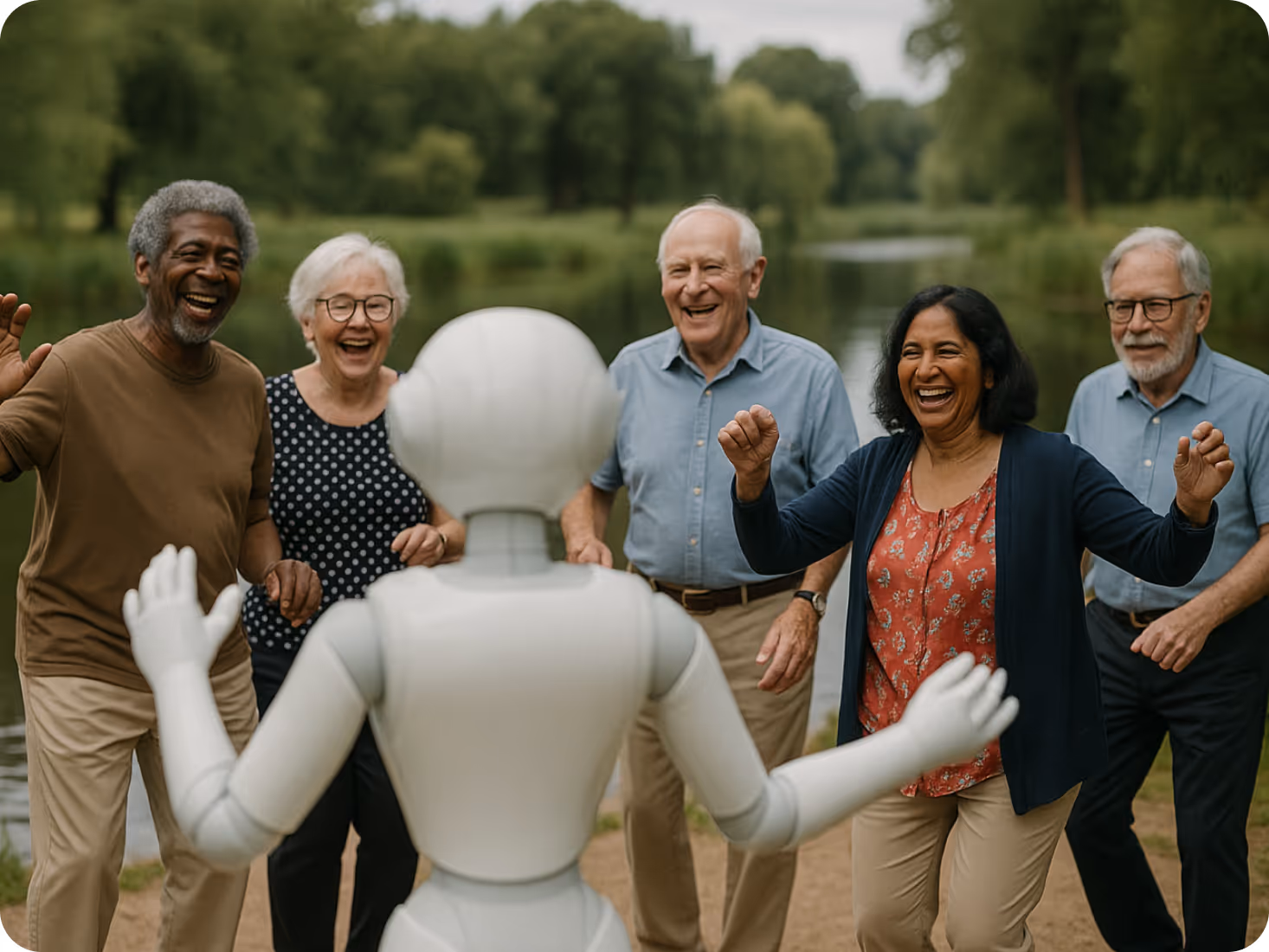 Ein humanoider Assistenzroboter steht im Vordergrund mit erhobenen Armen, während eine Gruppe älterer Menschen draußen lachend und voller Freude auf ihn reagiert. Die Szene spielt in einem grünen Park mit Wasser im Hintergrund. Symbolbild für gelungene Mensch-Roboter-Interaktion, technologische Lösungskompetenz und emotionale Verbindung durch soziale Robotik.