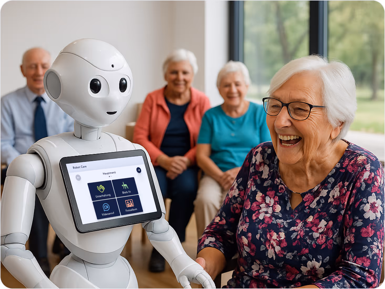 Pflege-Roboter mit integriertem Touchscreen-Interface interagiert mit einer fröhlich lachenden älteren Frau in einem Gemeinschaftsraum. Im Hintergrund sitzen weitere Senior:innen. Das Display zeigt ein intuitives Menü mit Symbolen für Kommunikation, Unterhaltung und Unterstützung. Symbolbild für menschennahe Robotik im Pflegealltag.