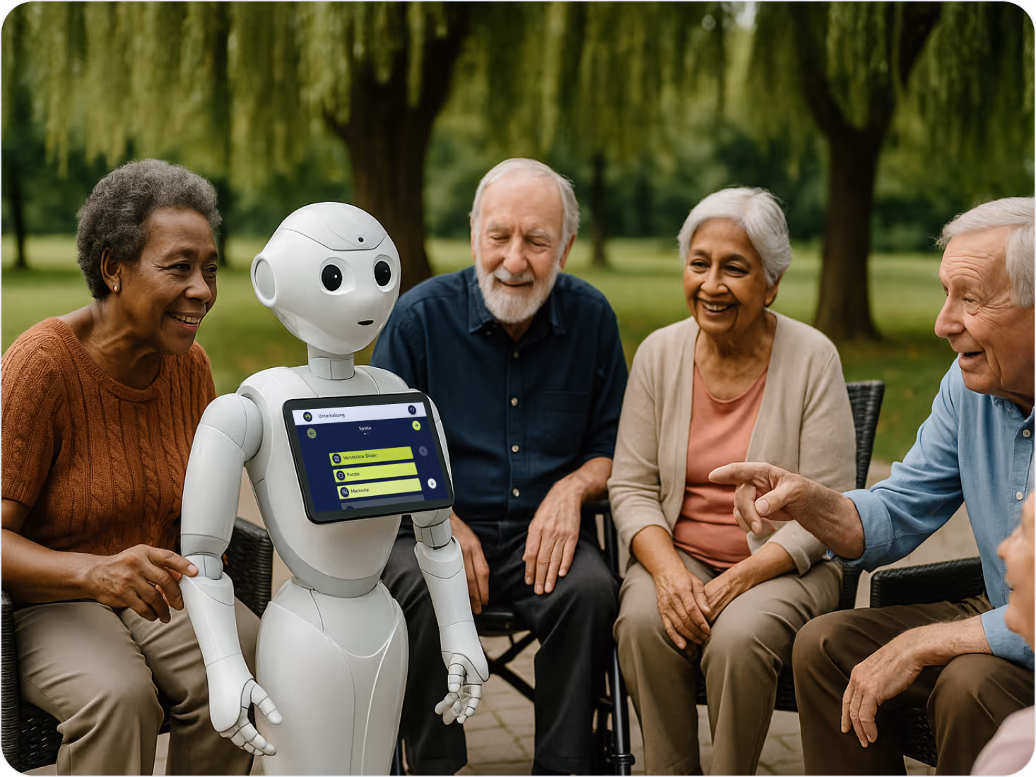 Mehrere Senior:innen sitzen gemeinsam im Freien und interagieren lächelnd mit einem humanoiden Assistenzroboter, der ein Display mit Menüanzeige trägt. Die Szene spielt in einer gepflegten Gartenanlage eines Altenheims. Symbolbild für soziale Robotik, digitale Pflegeunterstützung und menschzentrierte KI im Altersbereich.
