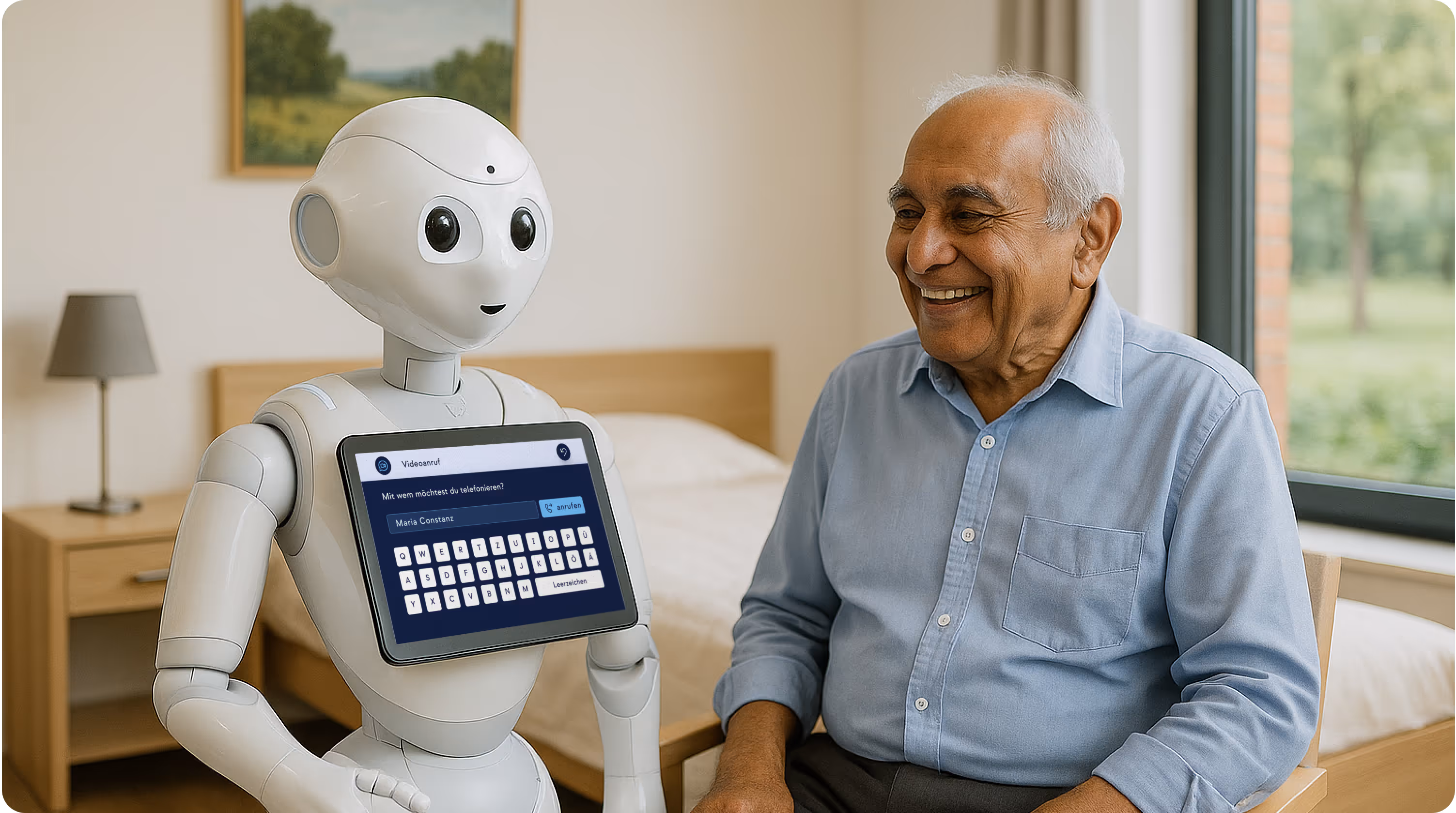 Älterer Mann sitzt lächelnd neben einem humanoiden Assistenzroboter in einem hellen Pflegezimmer. Der Roboter zeigt auf seinem Brust-Display eine digitale Tastatur mit einem Chatfenster, das eine Interaktion ermöglicht. Symbolbild für robotergestützte Pflege, soziale Assistenz und KI im Alltag älterer Menschen.