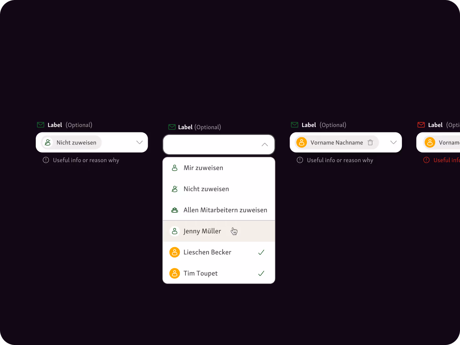 Vorschaubild eines Web-Komponenten-Designsystems für Fressnapf mit Dropdown-Menüs zur Zuweisung von Aufgaben. Die Oberfläche zeigt verschiedene Label-States (optional, required, disabled) sowie eine geöffnete Zuweisungslogik mit Auswahlmöglichkeiten für Mitarbeitende.