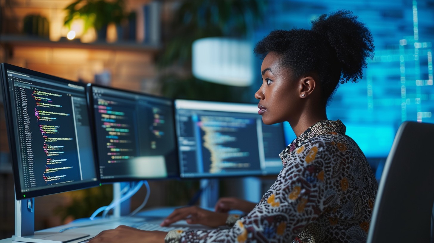 woman looking at reporting code data on the computer.