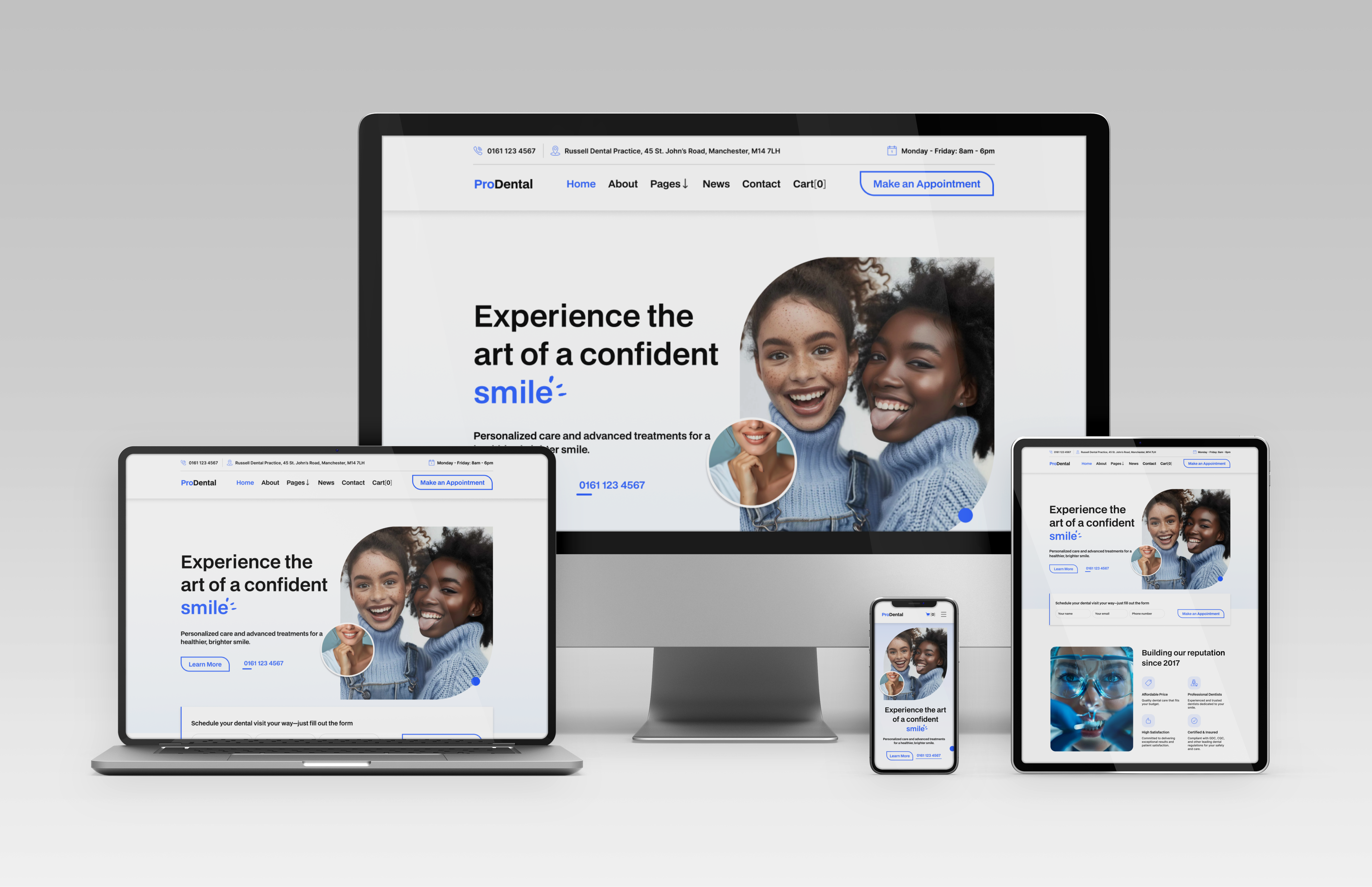 Responsive dental website design displayed on desktop, laptop, tablet, and smartphone featuring smiling women and text about confident smiles.