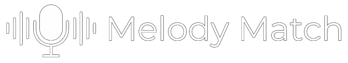 White microphone icon with sound waves and the text Melody Match on black background.