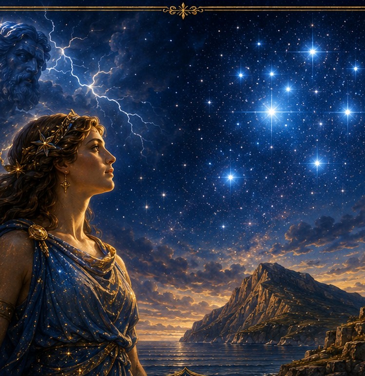 Electra the Pleiad gazing at the stars above Samothraki